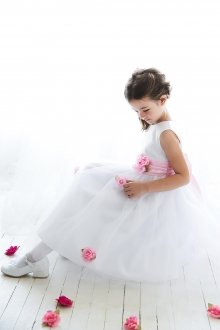 White/Pink Classy Satin with Tulle Skirt Flower Girl Dress
